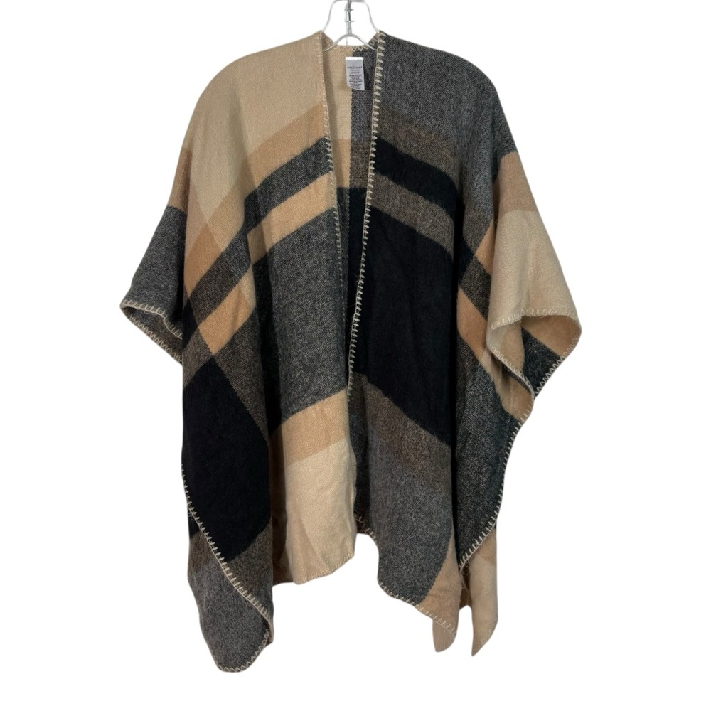 West Loop Brown Black Plaid Fleece Oversized Poncho Vest Top OS One Size Autumn